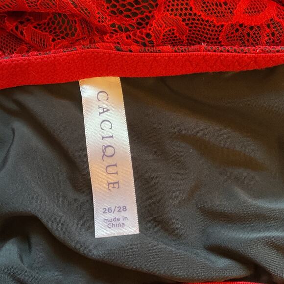 Cacique Red Lace Chemise w/Black Lining Adjustable Straps Bow Accents Plus 26/28 - Picture 7 of 9